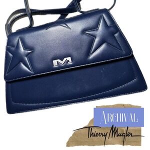 Archival 80s Thierry Mugler Navy Blue Star Stitched Handbag